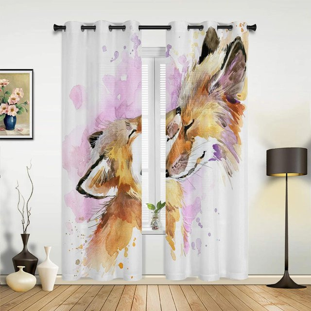 Dekorative Vorhänge mit Fuchs und Waldmotiv in Multicolour, halbtransparent für Wohnzimmer und Kinderzimmer, Breite: 135 cm, Höhe: 60 cm - Bild 1