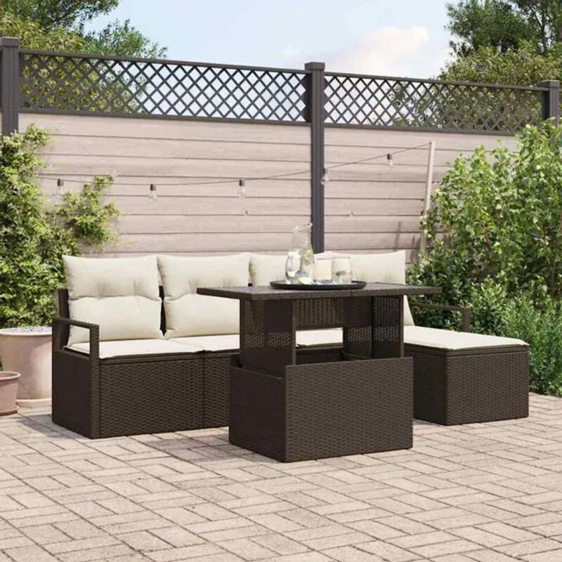 Vidaxl Garten-Sofa-Set aus Poly-Rattan mit integriertem Speicher in Braun, 6-teilig mit Glastisch - Bild 1