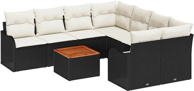 vidaXL Garten-Sofa-Set 9-teilig aus PE-Rattan und Akazienholz in Schwarz, Weiß und Braun mit Polstern und Stauraum - Bild 1