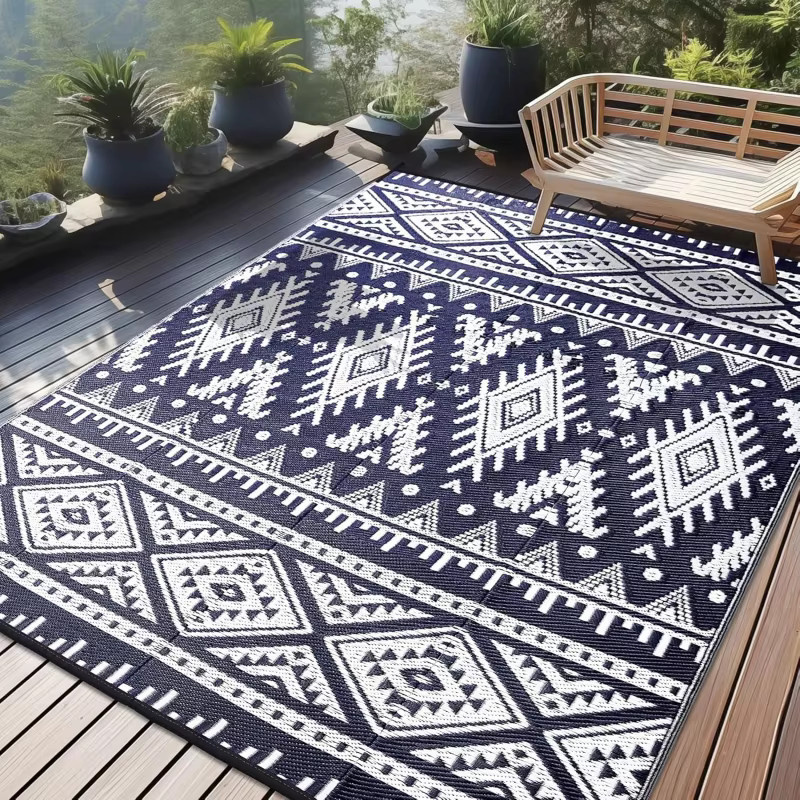 VIKAMA Bohemian Outdoor-Teppich mit geometrischem Muster in Schwarz, rutschfest und verschleißfest, ideal für Balkon und Terrasse - Bild 2