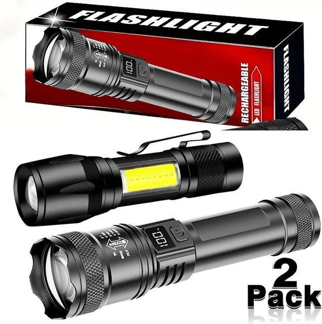 KDULIT LED-Handtaschenlampe in Schwarz, wiederaufladbare Aluminium-Taschenlampe mit ZoomLight und COB-Licht für Outdoor, Camping und Notfälle - Bild 1