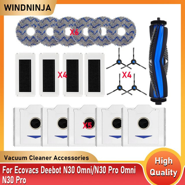 Ecovacs Deebot N30 Omni N30 Pro Zubehör-Set mit Hauptbürste, Seitenbürste, Wischpad und HEPA-Filter von WINDNINJA in Kunststoff - Bild 1