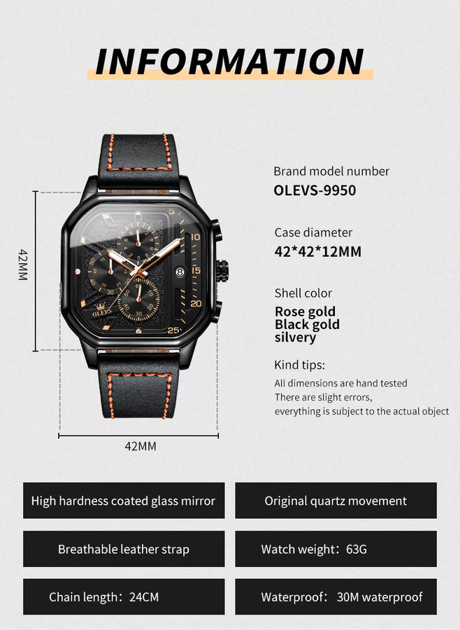 OLEVS Armbanduhr, Chronograph, Quarz, Leder, Schwarz, Herren - Bild 6