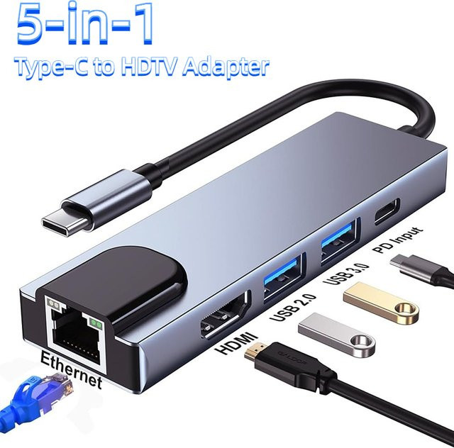 USB C Docking Station mit 5/8 Ports: Typ C zu HDMI und RJ45 Ethernet 100M sowie USB 3.0 5Gbps High Speed Hub Adapter für Laptop und Macbook - Bild 1