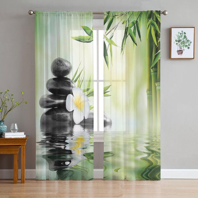 Transparenter Chiffon-Tüllvorhang Orchideensteine Bambus Zen für Wohnzimmer und Schlafzimmer, Mehrfarbig, Breite: 100 cm, Höhe: 250 cm - Bild 1