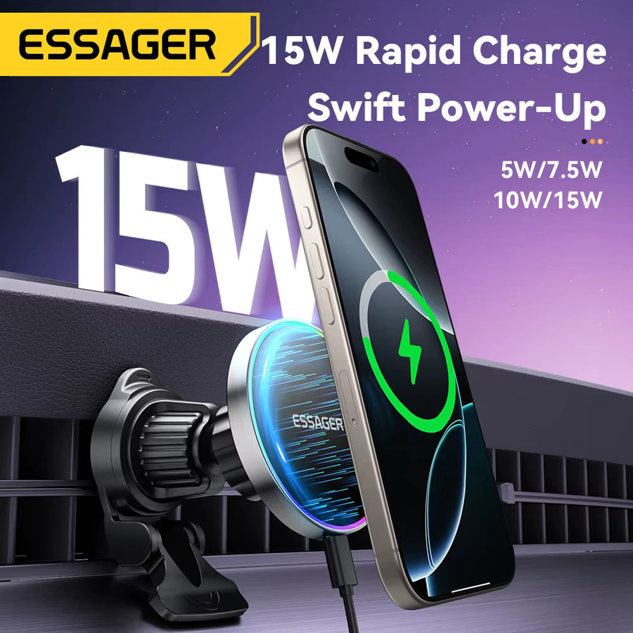Essager RGB Magnetischer Autotelefonhalter mit 15W Qi Drahtlosem Ladegerät für iPhone 16 15 14 13 Pro und Magsafe kompatible Smartphones, Schwarz - Bild 2