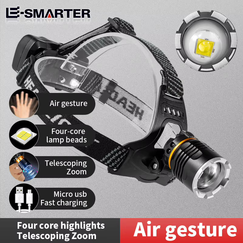 ESMARTER LED Stirnlampe mit Zoom-Funktion und Bewegungssensor, wiederaufladbare Wasserdichte Kopflampe in Schwarz - Bild 2