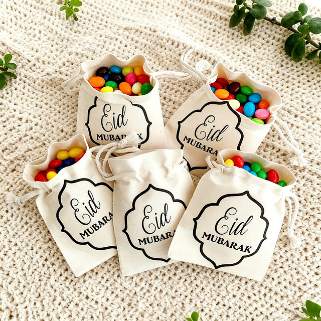 5 Stück Ramadan Geschenktüten aus Baumwolle in Weiß für Eid Mubarak Goodie Bags zum Verpacken von Süßigkeiten und Partyzubehör - Bild 1
