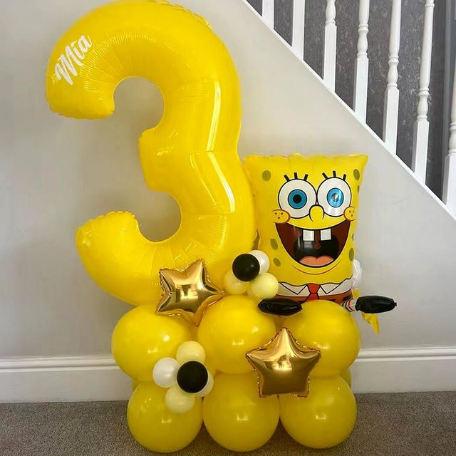Potdemiel SpongeBob Schwammkopf Zahlenballon Set aus Aluminium in Gelb, 81,28 cm Durchmesser, ideale Partydekoration für Kindergeburtstage - Bild 1