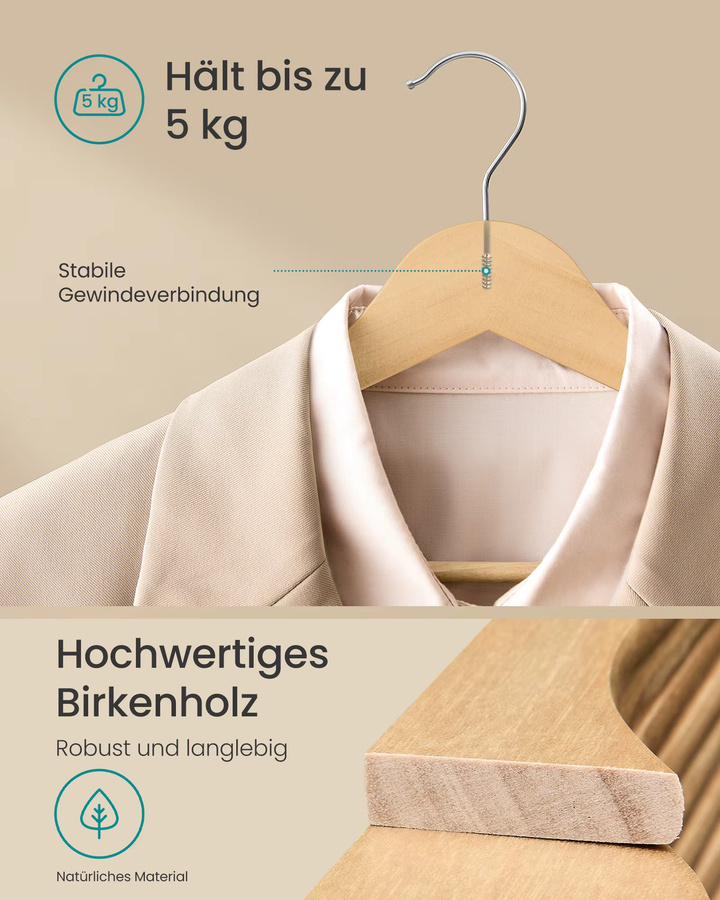 SONGMICS Kleiderbügel aus Holz, 30er Set, braun, mit Einkerbungen und 360 Grad drehbarem Haken - Bild 2