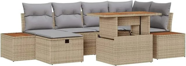 vidaXL Garten-Sofa-Set aus Polyrattan in Beige, 7-teiliges L-Shape Lounge-Set mit Polsterung und Kissen für Terrasse und Garten - Bild 1