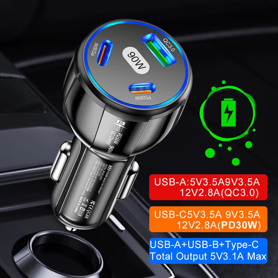 GUSEYEE 3-in-1 Autoladegerät 90W mit QC3.0 und PD Typ C USB Schnellladung in Schwarz - Bild 2