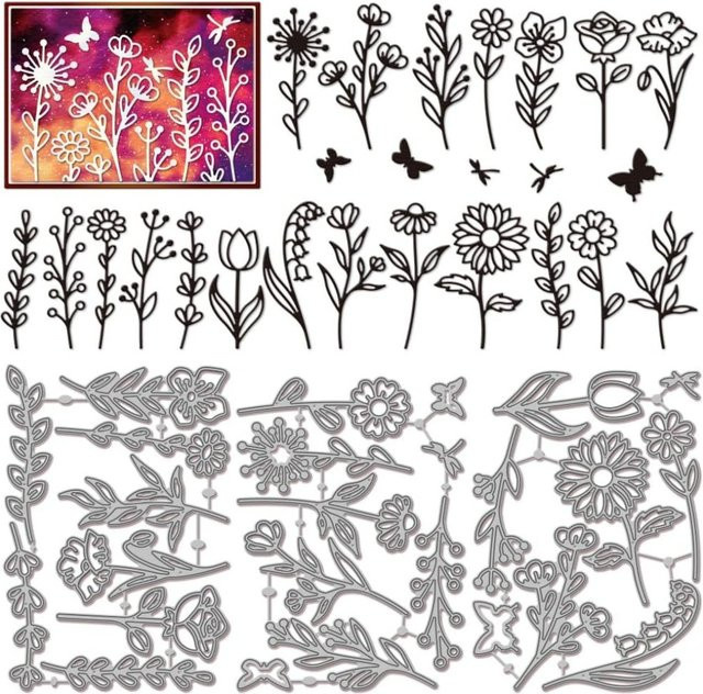 Metall-Stanzformen Wildblumen, Schmetterling und Libelle in Silber für die Kartenherstellung und DIY-Projekte - Bild 1