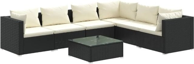 vidaXL 7-tlg. Garten-Lounge-Set aus Poly Rattan in Schwarz mit beigen Kissen und Couchtisch in L-Form - Bild 1