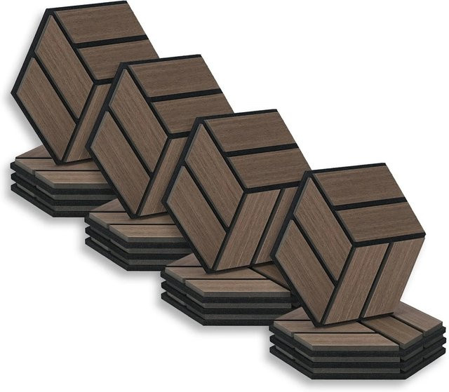 Homestyle4u Akustikpaneele Hexagon Wandpaneele aus Holz in Braun, 16 Stück, B: 30 cm, H: 26 cm - Bild 1