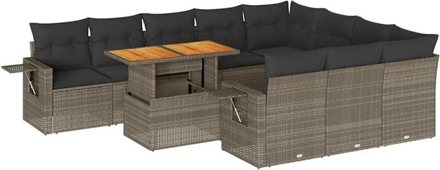 vidaXL 11-tlg. Garten-Sofagarnitur in L-Form aus Polyrattan und Akazienholz mit Kissen in Grau - Bild 1