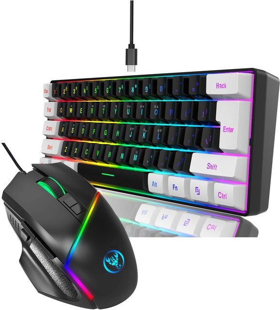 HXSJ Kabelgebundenes Tastatur-Maus-Set mit bunter Hintergrundbeleuchtung, 61 Tasten Membrantastatur und 12800 DPI Maus in Schwarz - Bild 1