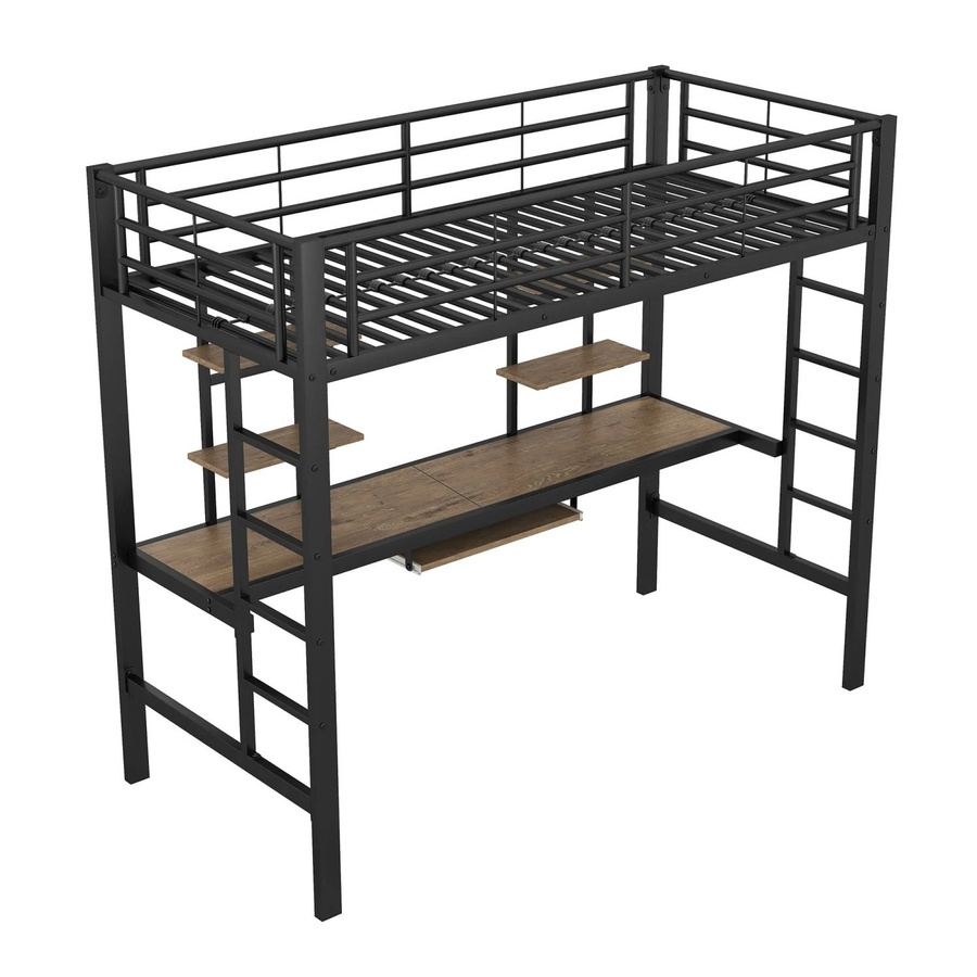 okwish Hochbett für Kinder aus Metall und MDF in Schwarz mit Schreibtisch und zwei Bücherregalen, B/T/H: 90 x 200 x 180 cm - Bild 2