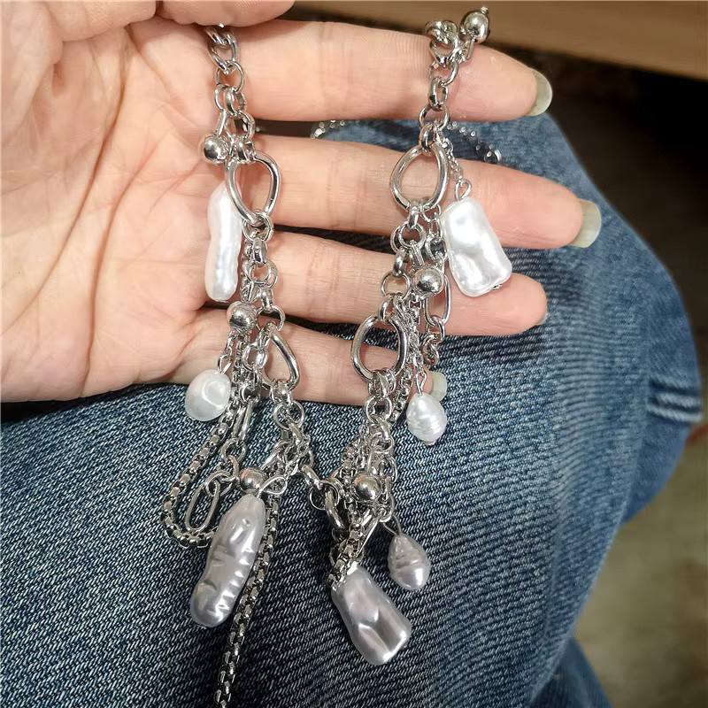 imixlot Choker-Halskette, Imitationsperlen, Quasten-Anhänger, Silber, Damen - Bild 2