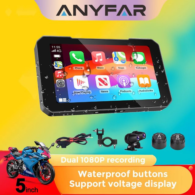 ANYFAR Moto DVR 5-Zoll Motorrad-Bildschirm mit GPS-Navigation, kabellosem CarPlay und Android Auto, IP67 wasserdicht, Schwarz - Bild 1