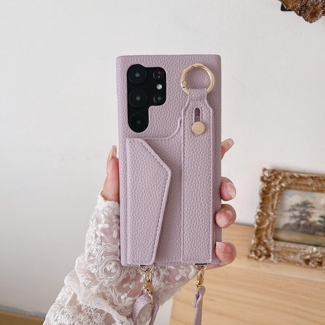Lederne Crossbody-Handyhülle mit Geldbörse und Handgelenkgurt für Samsung Galaxy S23 S22 Ultra Plus A54 A53 5G in Lila - Bild 1
