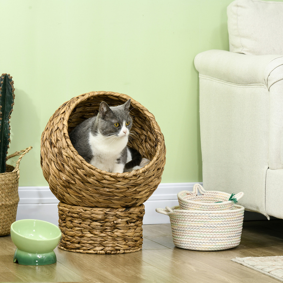 PawHut Katzenkorb aus Rattan mit Kissen in Braun, Höhlenbett für Katzen, B/T/H: 42 x 33 x 52 cm - Bild 2
