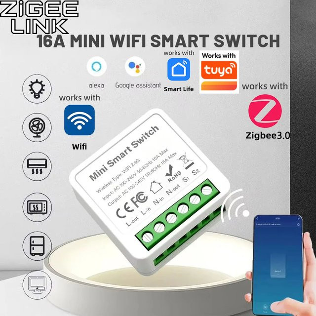 Tuya Smart Switch Mini Wifi ZigBee 3.0 Lichtschalter-Modul für Smart Home DIY mit 2-Wege-Steuerung und Sprachsteuerung über Alexa und Google Assistant in Weiß - Bild 1
