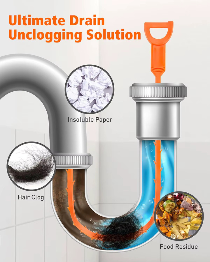 Ouliluye Abfluss-Verstopfungsentferner und Rohrreiniger zur Haarentfernung in Orange für Waschbecken, Dusche und Badewanne - Bild 2
