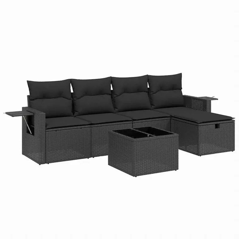 vidaXL 6-tlg Garten-Sofagarnitur aus Poly-Rattan mit Kissen und Glastisch in Schwarz - Bild 2