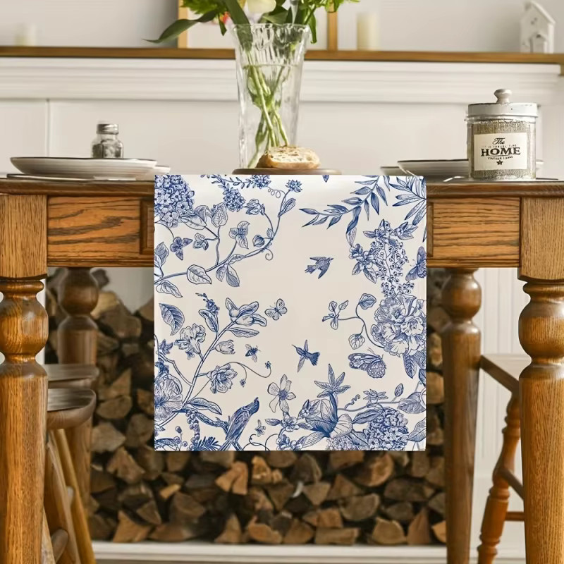 VIKAMA Chinoiserie-Tischläufer aus wasserabweisendem Polyester in Blau-Weiß mit Blumen- und Vogelmotiv, Rechteckig - Bild 2