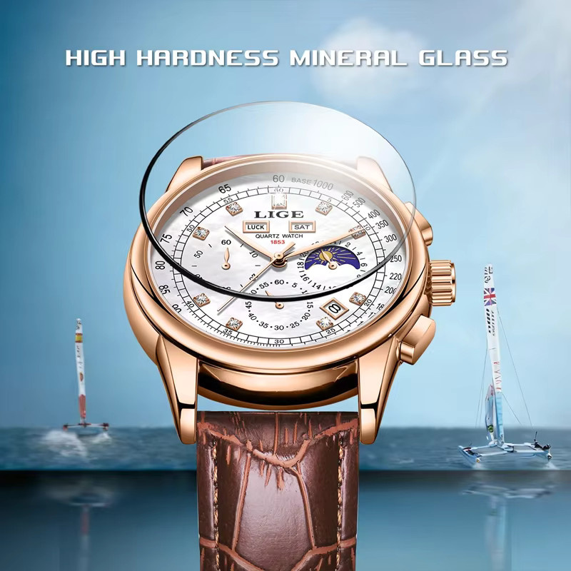 LIGE Chronograph Herrenuhr, Quarz, Leder, Roségold, Weiß - Bild 4