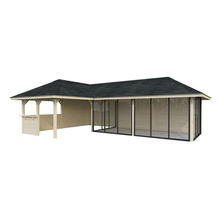 PALMAKO Pavillon Bianca Set 221 Slide aus Fichtenholz in Braun mit Alu-Schiebetüren und Eck-Tresenanlage, B/H/T: 876 x 319 x 588 cm - Bild 3