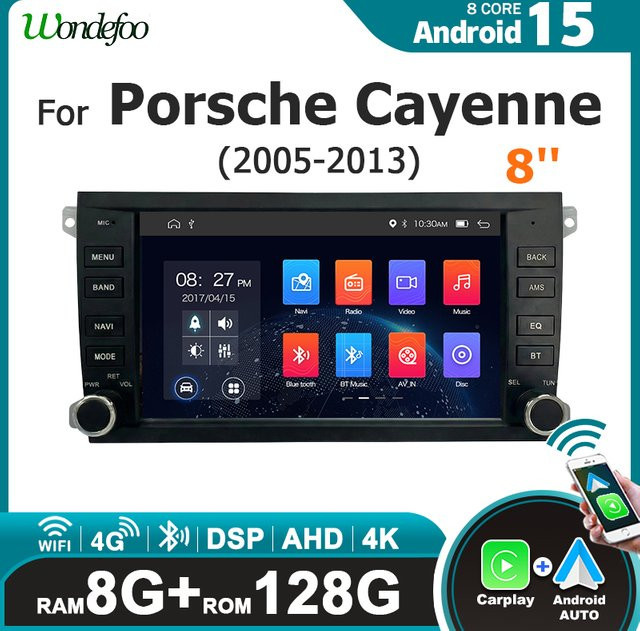 Wondefoo Android 15 Autoradio mit 8 Zoll Bildschirm für Porsche Cayenne 2005–2013, kabelloses CarPlay, Bluetooth, Navigation und Multimedia-Player, Schwarz - Bild 1