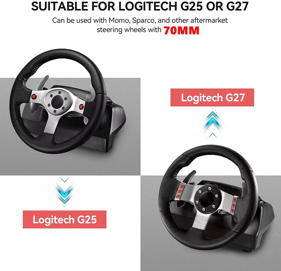 Logitech G25 G27 Racing Lenkrad Modifikations-Set mit 24-Loch Adapter und 70 mm Lenkrad-Platte aus Aluminium in Schwarz und Silber - Bild 3
