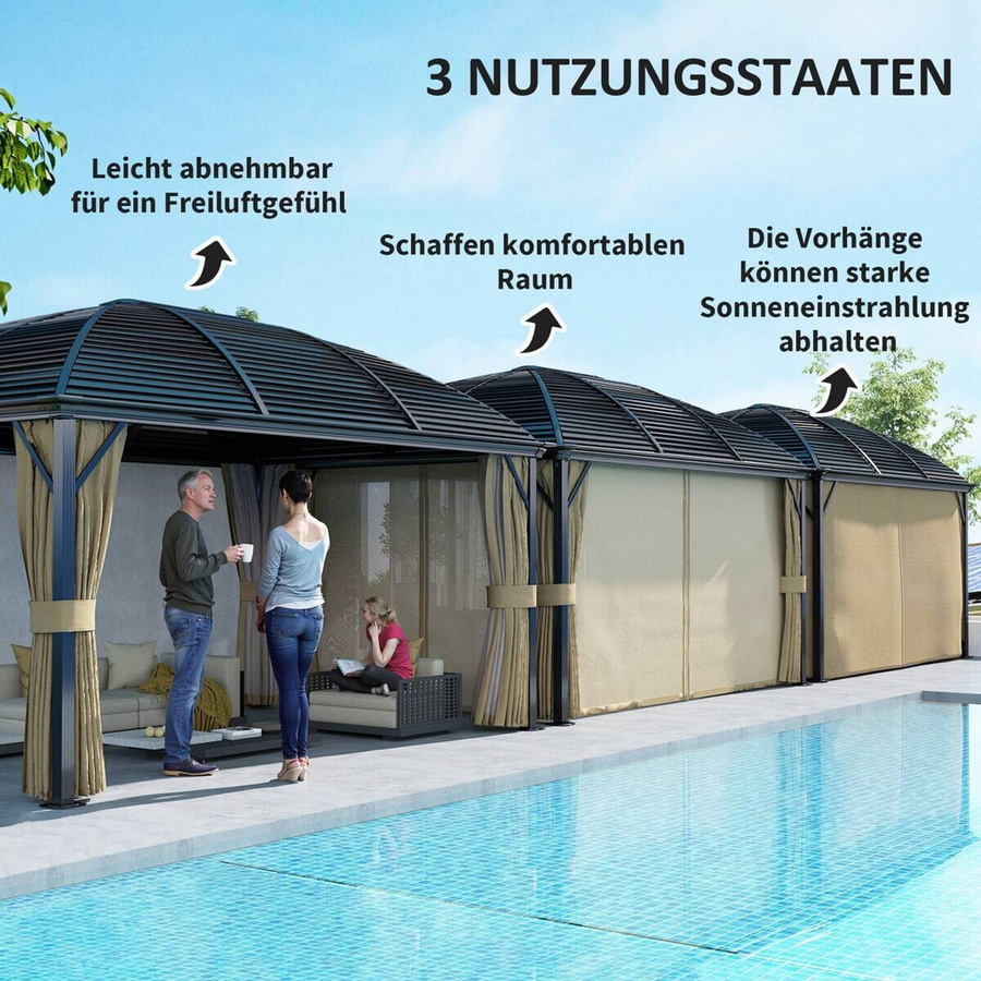 Outsunny Gartenpavillon mit Hardtop aus Aluminium in Braun, wetterfester Pavillon mit Moskitonetz und Seitenteilen, B/T/H: 400 x 300 x 298 cm - Bild 5