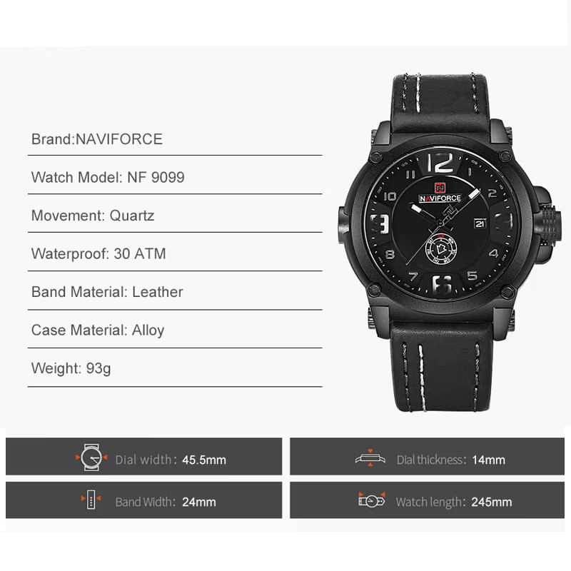 NAVIFORCE Armbanduhr, Quarz, Lederband, Schwarz, Herren - Bild 3