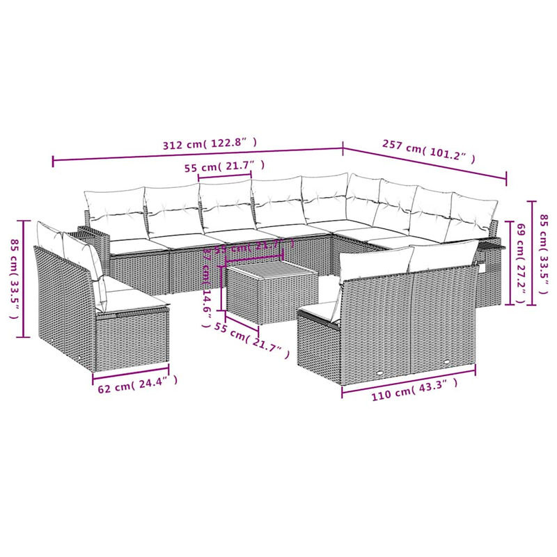 Vidaxl Gartenmöbel-Set aus Polyrattan und Akazie mit Kissen, 13-teilig, Schwarz - Bild 2