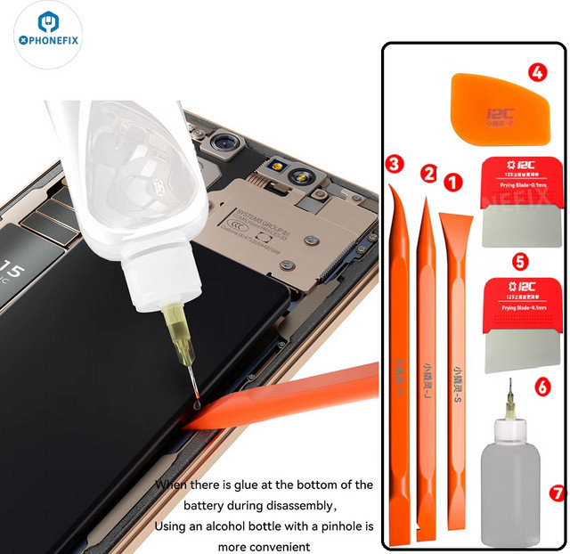 PHONEFIX i2C 7-in-1 Werkzeugset für die elektronische Demontage mit Spudger-Klinge und Alkoholflasche zur Akku-Entfernung bei Mobiltelefonen - Bild 1