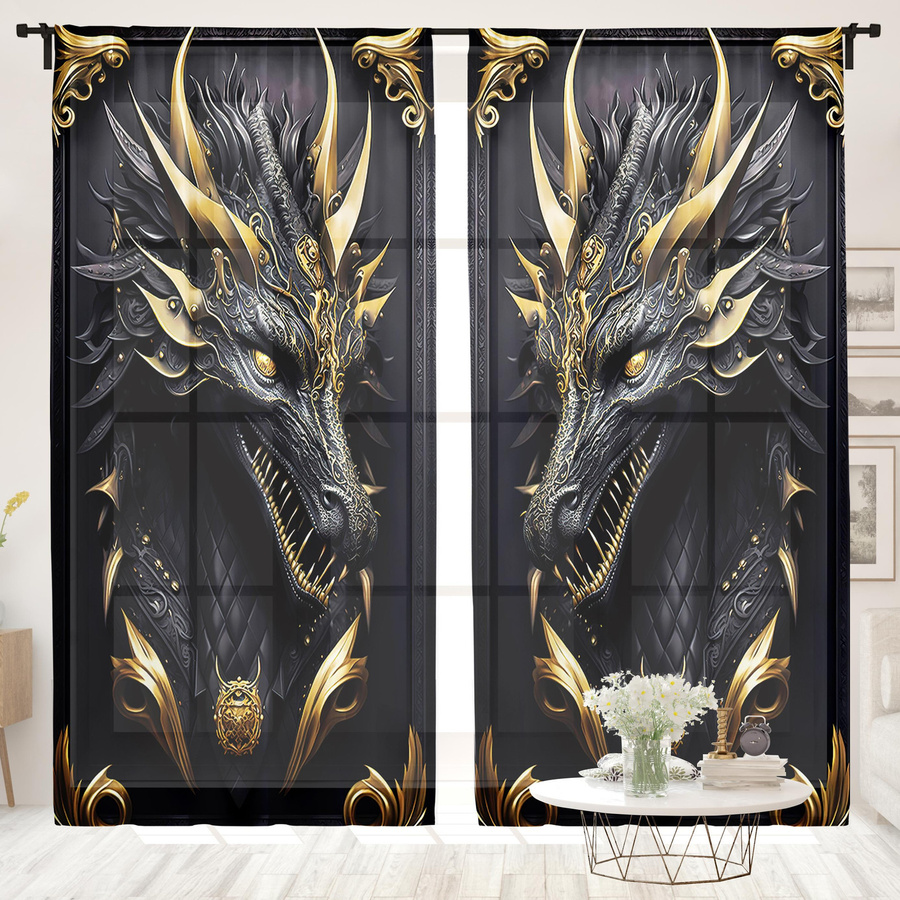 2er-Set halbverdunkelnde Vorhänge mit 3D Drachen-Motiv in Schwarz-Gold, Breite: 150 cm, Höhe: 166 cm - Bild 2