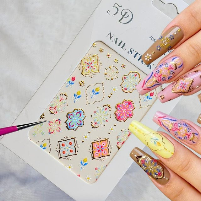HotPress Nagelaufkleber, Bunte Bohemian Blumen, Glänzend - Bild 1