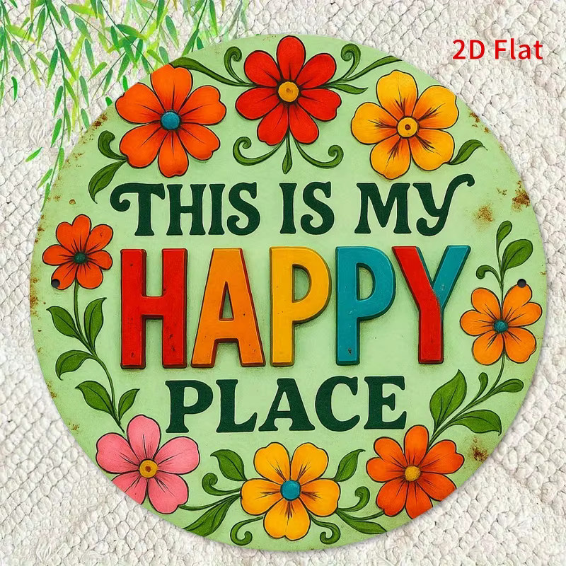 Potdemiel Vintage Rundes Eisenschild This is My Happy Place mit bunten Blumen, Durchmesser: 20,32 cm, Rustikale Wanddekoration aus Metall - Bild 5