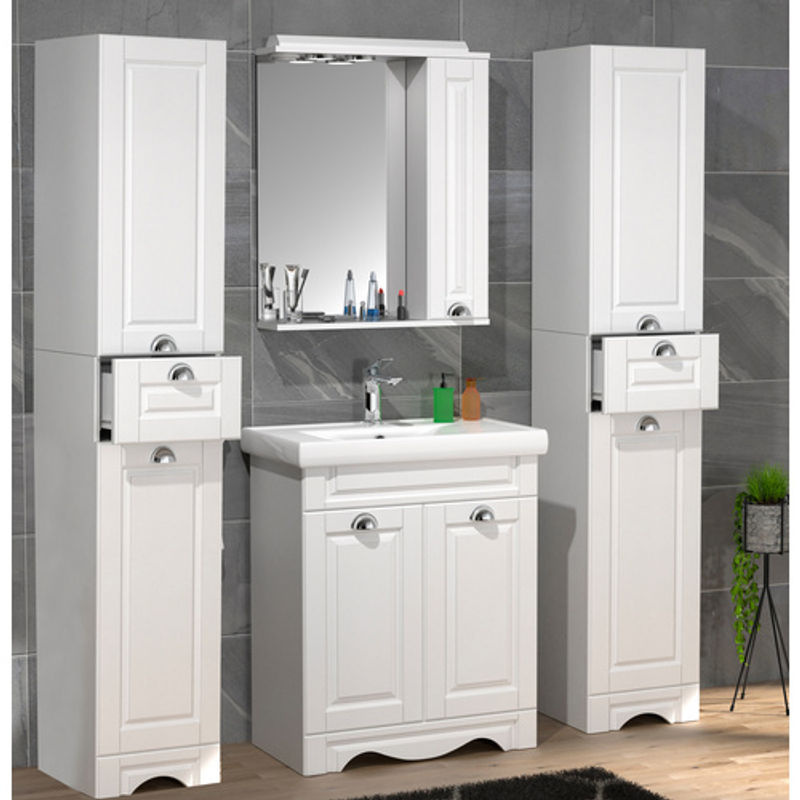 VCM Badmöbel Set Casalo in Landhaus-Optik, 5-tlg. Waschplatz-Set mit Keramik-Waschbecken, Spiegelschrank und Hochschrank, Farbe: Weiß, Breite: 60 cm - Bild 2