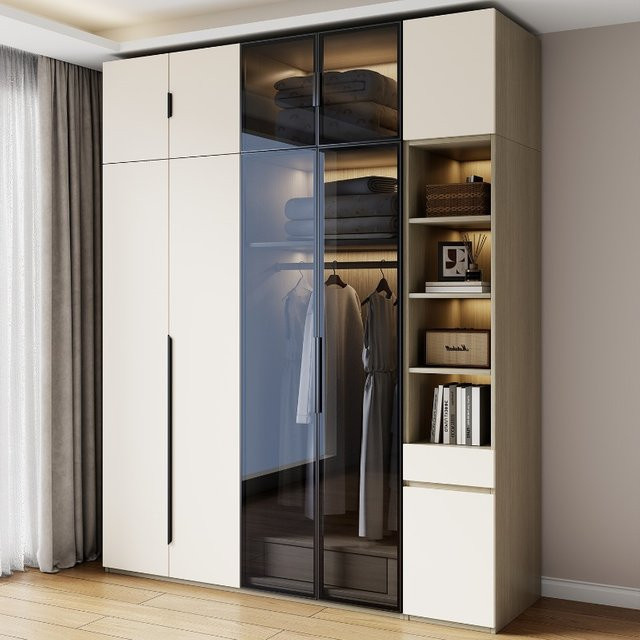 OVOZI Kleiderschrank mit integrierter Beleuchtung und offenen Regalfächern, weiß matt, minimalistisches Design für das Schlafzimmer - Bild 1