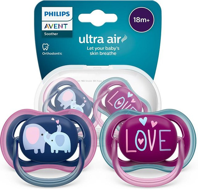 Philips Avent Ultra Air Schnuller SCF349/22 mit Elefant und Liebe Motiv, Silikon, 18m+, Mehrfarbig - Bild 1