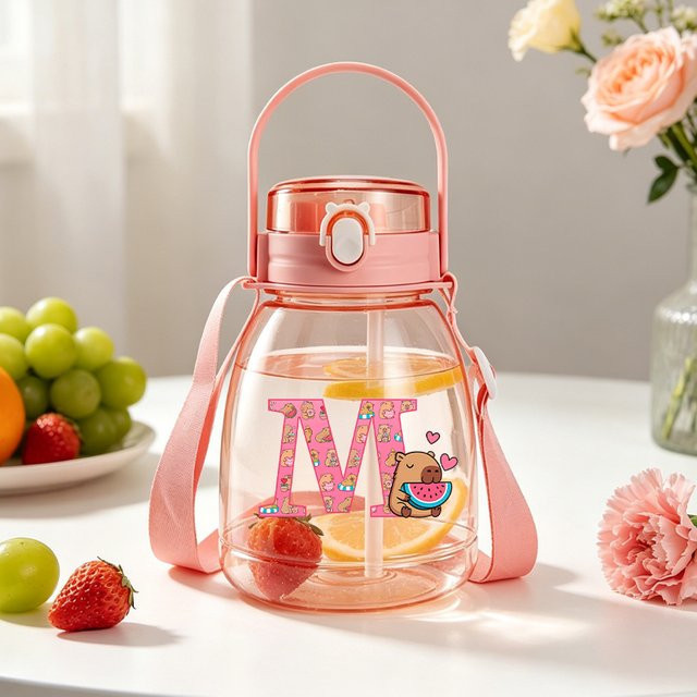 Potdemiel Capibara Big Belly Cup mit Anime-Buchstaben-Print, tragbare Sportwasserflasche für Damen und Herren, Pink, 1300 ml - Bild 1