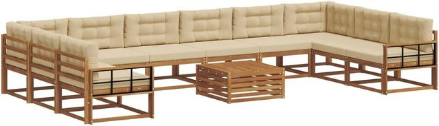 vidaXL Outdoor-Sofagarnitur aus Akazienholz in U-Form, 11-teiliges Set mit Kissen in Natur und Beige - Bild 1