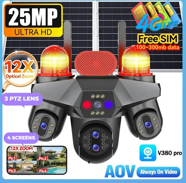 DIFANG 25MP AOV Solar-Kamera mit 5 Linsen und 4 Bildschirmen, 4G SIM Kabelloses PTZ CCTV-Überwachungssystem in Schwarz - Bild 1