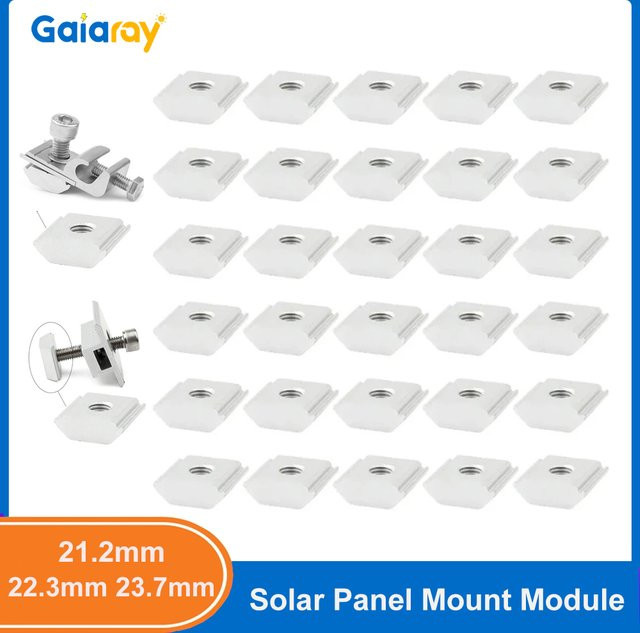 GaiaRay Solarpanel-Montagehalterung Set aus Aluminiumlegierung in Silber, 20 Stück mit End- und Mittelklemmen, T-Blöcken, quadratischen Muttern und M8 T-Gleitmutter für 21,2 mm, 22,3 mm und 23,7 mm - Bild 1