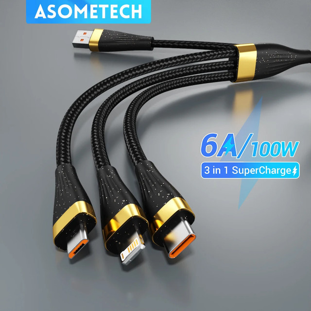 ASOMETECH 3-in-1 USB-Ladekabel mit 100 W und 6 A, Schwarz, kompatibel mit Micro-USB und USB-C für iPhone, Samsung und Huawei/Honor - Bild 1