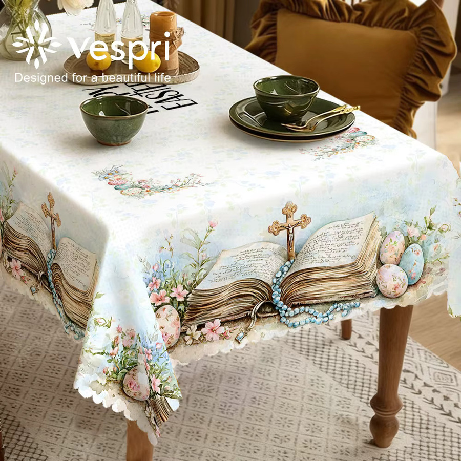 Vespri Oster-Tischdecke aus Polyester in Weiß und Blau, rund mit floralem Design - Bild 4